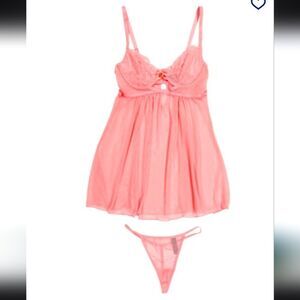 RACHEL ROY Soft Pink Cup Lace Babydoll Chemise With Matching Thong sz La…